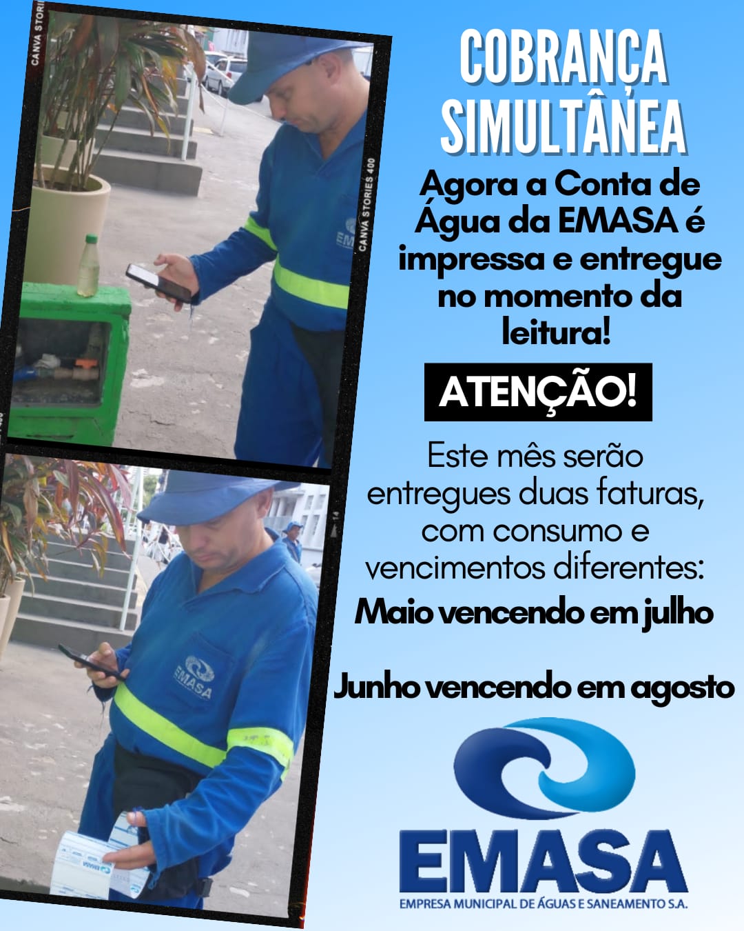 EMASA alerta que consumidor receberá duas contas de água no mês de julho por mudança no sistema de leitura